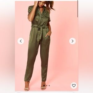 Glamorous Khaki Satin Utility Jumpsuit